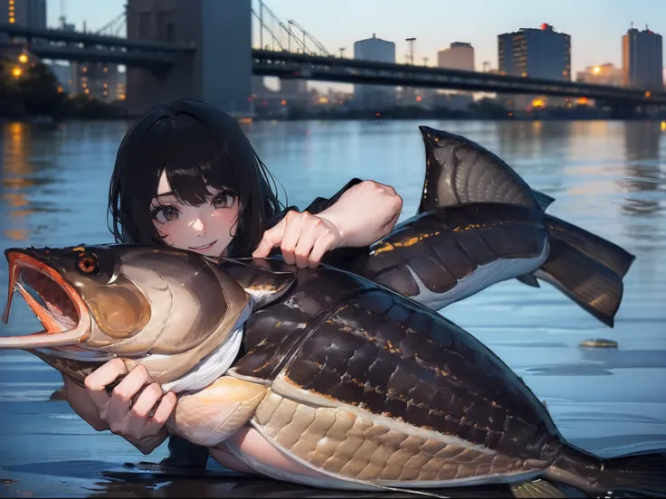 ((((Catch a big black bass by the lakeside:1.5)))),((1 Female 22 years old))((Best Quality, masterpiece :1.5)),(((Hands with the correct number and structure of fingers:1.4))),hight resolution,ultra-detailliert,​masterpiece,best qualtiy,,Black hair, long e...