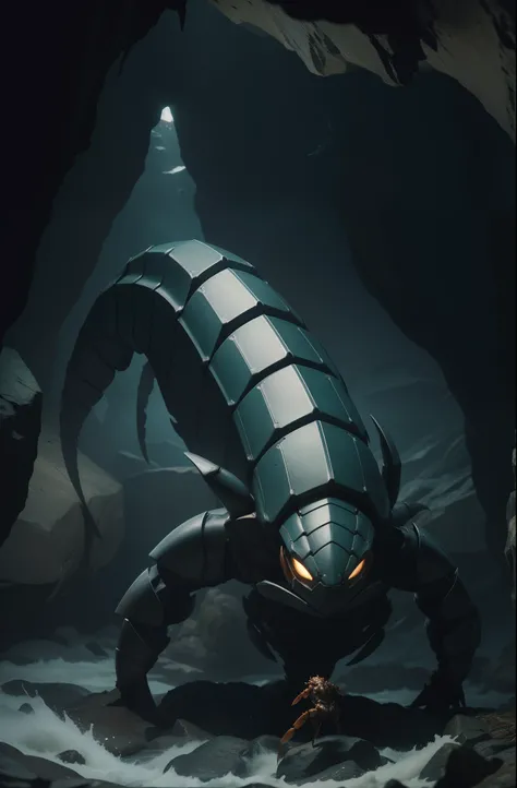 sea scorpion, natural armor, in the dark and gloomy cave, many legs, Crab pliers