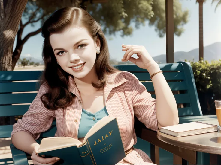 Judy Garland at age 22 in 1944, very happy and beautiful, long hair, reading a book in a cafe, a beautiful California summer day, full color.