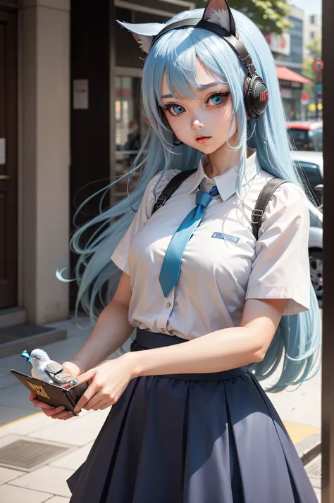 one-girl，（grown woman：16.18），white short sleeve，（Long blue hair 1.2），dual horsetail，eBlue eyes，wearing headphone，pleatedskirt，Funzi，（鎖骨：1.1），Pigeon Circle，homing pigeon，（chest circumference：1.2），Fake cat ears，pupils，