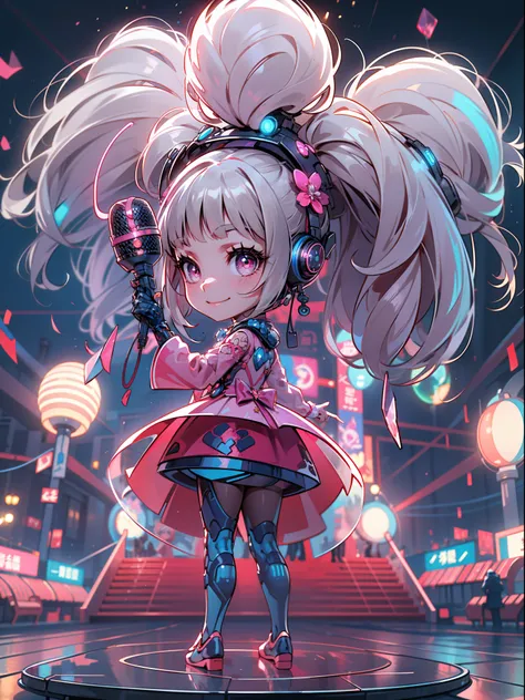 （A performance stage in the childrens playground，first person perspective，full bodyesbian，low angles，）A sweetly smiling girl singer, wearing crystal hairclip, pink and blue fluffy dress, holding a crystal microphone. Long shot full body composition, firewo...