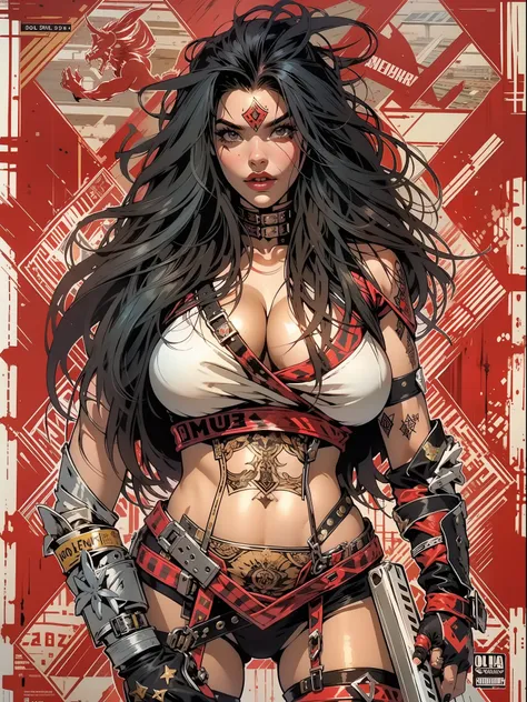 (((mulher))), (((melhor qualidade))), (((obra prima))), (((adulta))), Uma guerreira mulher de 35 anos com corpo perfeito, Brooklyn Gladiators, (( under boobs )), quase nua no estilo selvagem urbano de Simon Bisley para a capa da revista Heavy Metal, cabelo...