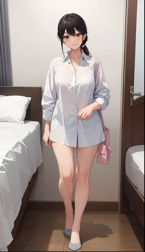 1girl in、A smile、Relax in your room、Wear only big guy business shirts、（small tits）、