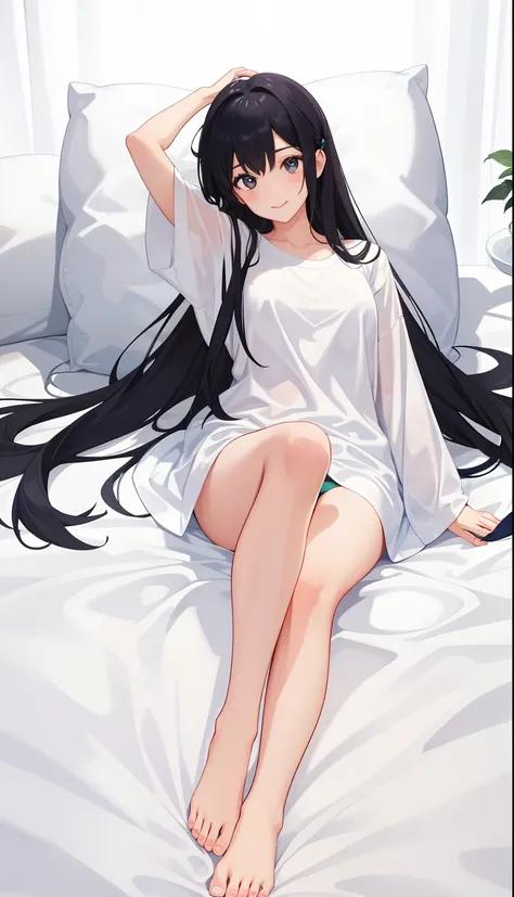 1girl in、A smile、In relaxation、Wear only a large shirt、One foot above the head，The reveal panties