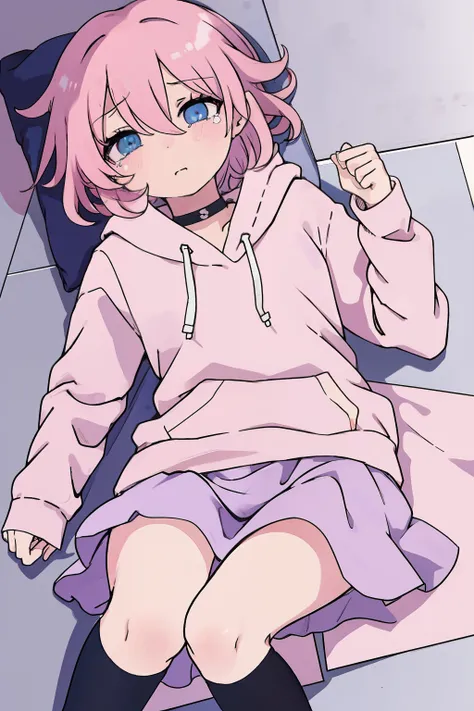 anime girl, short pink hair, pink hoodie, blue skirt, black legwear, choker, crying, lying on the floor, sketch