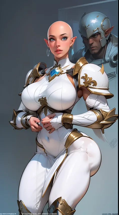 (((1girl:1.8))), ((bulky woman:1.5)) female, sehele style, anime style, (((dark elf))) (((skyblue skintone:1.4))) (((smoldering eyes))), ((bald:1.5)), ((no hair:1.5)), 8k, 4k, Unreal Engine 5, octane render, trending on pixiv, ((huge shoulder pads:1.8)) (w...