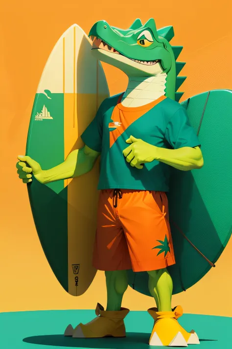 cartoon alligator dressed in a hawaiian shirt standing and holding a surfboard, silkscreen style, green, white, yellow and orange colors, flat design