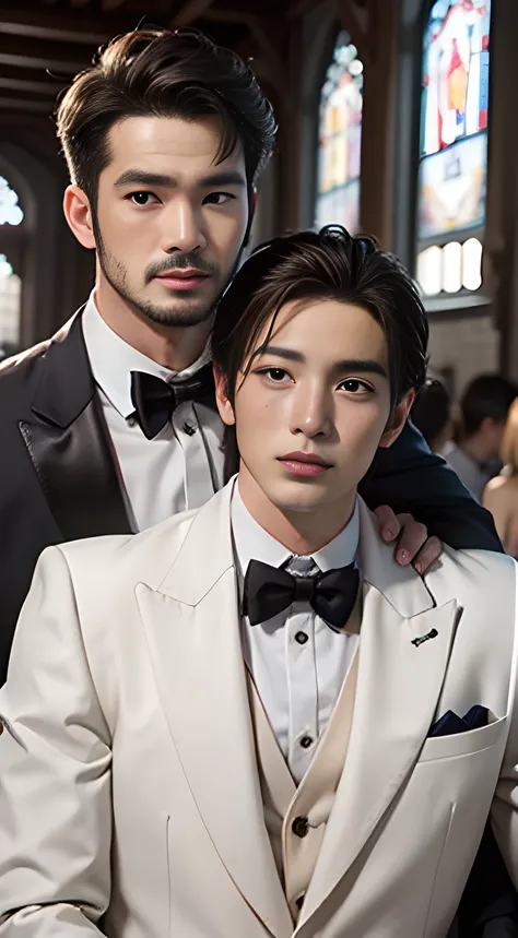 ((two Men only)), (head shot), (handsome muscular gay male couple in his 20s),  (They are getting married in a chapel wearing white tuxedos), (Takeshi Kaneshiro), (Pietro Boselli), (Mischievous smile), (detaile: 1 in 1), Natural muscles, HIG quality, beaut...