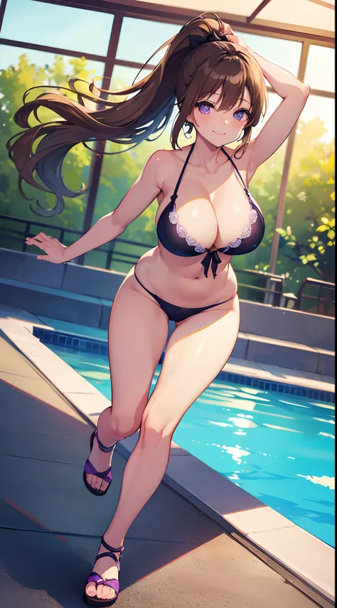 ((masterpiece)), ((best quality)), (ultra-detailed), ((kawaii)), cute, (lovely), ((sexy)), (ero), ((extremely detailed)), 4K, (8K), best quality, (beautiful), anime style, running, look up from below, focus on the face, full body focus, pool, beautiful sky...