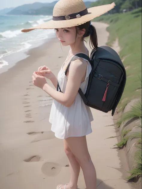 ((highest quality)),((super high quality))), beach in the evening, (((20-year-old cute college girl))), ((hair is ponytail)),((small breasts)),((wearing a dress)),((wearing sun hat)), (high quality photo with full body))),, wearing randoseru backpack, side...