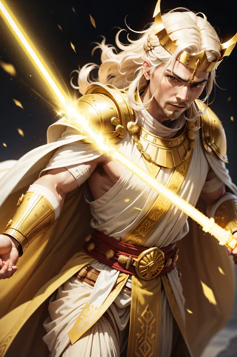 POWERFUL ANCIENT KING JEDI WITH GOLD CROWN, YELLOW LIGHTSABER, HAIR GOLD, GOLD SHOULDER CAPS, WHITE CAPE