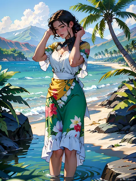 Hawaii Lahaina burning, painting from the water view, stile by christian lassen, Best quality, realistic, award-winning illustration in color, (complicated detail: 1.2), (fine detail) christian lassen stile