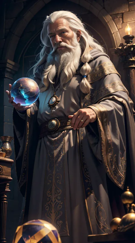 (Masterpiece:1.2), (Best Quality), Detailed, UHD, Cinematic Lighting, sharp focus, (illustration:1.1), intricate, Very Old Wizard with long white hair and beard, wrinkled face, wearing a wizards grey cloak, pondering a big crystal ball, in a dimly lit room...