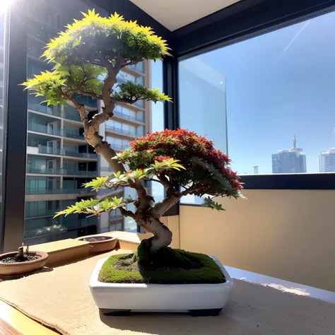 (A miniature Acer Palmatum bonsai: 1.4), en el balcon de un edificio, piso 3 al amanecer de invierno con nieve: 0.1, Nubes cirrus en el cielo,  ((ray traced: 1.5))