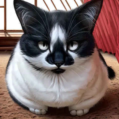 Leo, anthropomorphic black and white cat, cat anatomy, standing upright, fluffy, wearing elegant red samurai armor, in a battlefield, realistic, high quality, detailed face, detailed eyes, masterpiece, in a giant Japanese palace, close up