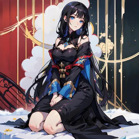 High quality, anime style, black hair, blue eyes, black silk, period costume, high cold, kneeling posture, royal sister, bangs, tight, breeze, exposed