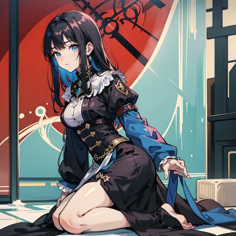 High quality, anime style, black hair, blue eyes, black silk, period costume, high cold, kneeling posture, royal sister, bangs, tight, breeze, exposed