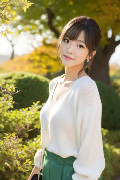 Japan idol singer turned actress、(​masterpiece、high-level image quality、hightquality)、Green landscape、movie、Photos taken showing off the beauty of a former idol singer、Gentle、Perfect body、Healthy body、cute little:1.5,perfect anatomia、autumnal、Fashionable o...