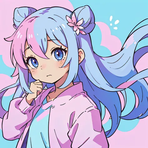 cute little、One anime character、The main colors are pink and light blue、PastelColors、simple background