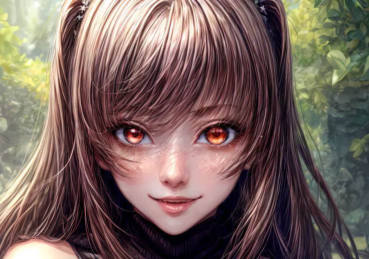 Girl looking at the camera with beautiful red eyes and an attractive smile, mouth open, White Teeth, Cute little nose, Beautiful ears, brown hair, Stars in her fixed eyes, breathtaking rendering, extreme closeup, Sweet girl, attractive anime girl, beautifu...