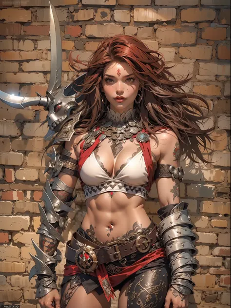 (((mulher))), (((melhor qualidade))), (((obra prima))), (((adulta))), Uma guerreira mulher de 35 anos com corpo perfeito, Brooklyn Gladiators, (( under boobs )), quase nua no estilo selvagem urbano de Simon Bisley para a capa da revista Heavy Metal, cabelo...