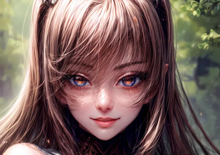 Girl looking at the camera with beautiful red eyes and an attractive smile, mouth open, White Teeth, Cute little nose, Beautiful ears, brown hair, Stars in her fixed eyes, breathtaking rendering, extreme closeup, Sweet girl, attractive anime girl, beautifu...