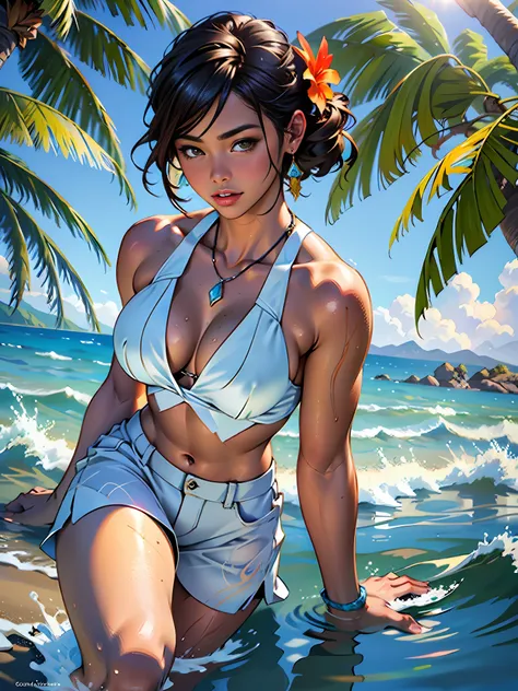 Hawaii Lahaina burning, 1 girl painting from the water view, style by Jaime Frias, Best quality, realistic, award-winning illustration in color, (complicated detail: 1.2), (fine detail)