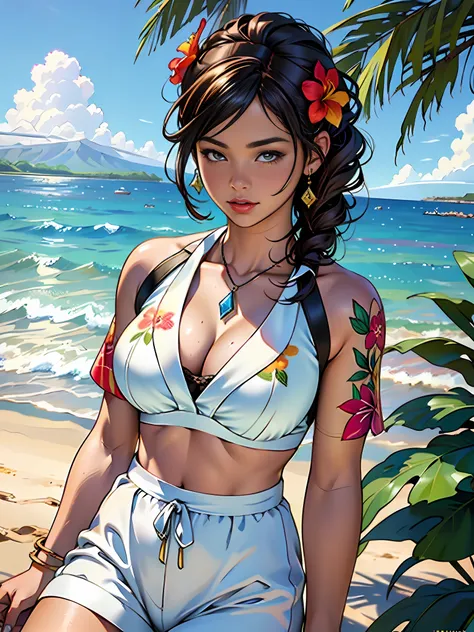 Hawaii Lahaina burning, 1 girl painting from the water view, style by Jaime Frias, Best quality, realistic, award-winning illustration in color, (complicated detail: 1.2), (fine detail)