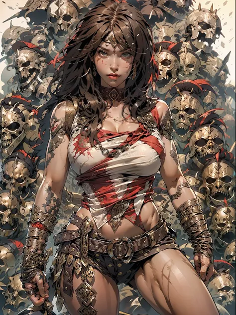 (((mulher))), (((melhor qualidade))), (((obra prima))), (((adulta))), Uma guerreira mulher de 35 anos com corpo perfeito, Brooklyn Gladiators, (( under boobs )), quase nua no estilo selvagem urbano de Simon Bisley para a capa da revista Heavy Metal, cabelo...