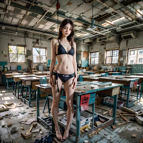 Abandoned schools，Sexy standing pose，full-body portraits（1：1），18 years old girls，Slender and slender figure，Skinny，As thin as a whipping post，Smaller bust，The barefoot，Random nudity all over the body，exhibitionists，Random exposure of genitals，face to the v...