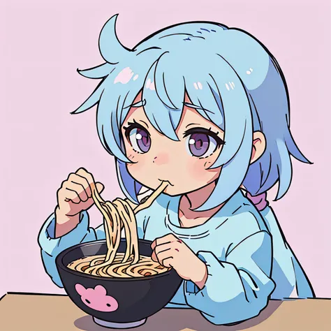 cute little、An anime character is eating ramen、The main colors are pink and light blue、PastelColors、simple background