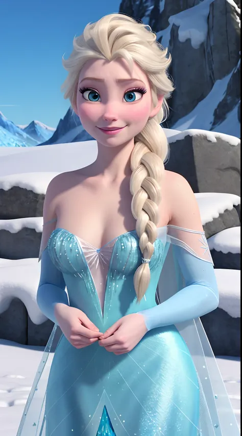 "Create a masterpiece with the best quality, showcasing a realistic cosplay of Elsa of Arendelle in her stunning blue ice dress. She should have a single braid. The background should feature a majestic mountain covered in snow and ice, close shot, she is l...