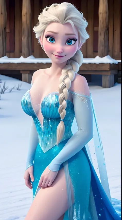 "Create a masterpiece with the best quality, showcasing a realistic cosplay of Elsa of Arendelle in her stunning blue ice dress. She should have a single braid. The background should feature a majestic mountain covered in snow and ice, close shot, she is l...