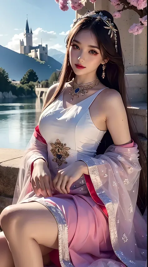 4K Ultra HD, Masterpiece, Cute little girl s, Nice face, Detailed Eyes, Liquid Lipstick, Long hair, Hair spreads, necklaces, beautiful dress, long dress, wedding dress, rouge, highlights, lighting effects, glittering, realistic background, Natural backgrou...