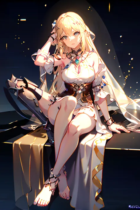 masterpiece, best quality,
1girl, night, Nineveh, meteor shower background, ultra-detailed, solo, looking at viewer, (curvy:1.1), (wavy hair:1.1), (breasts apart:1.3), groin, (pasties:1.3), neck ring, armlet, bracelet, (thighlet:1.2), (white veil:1.2), (ha...