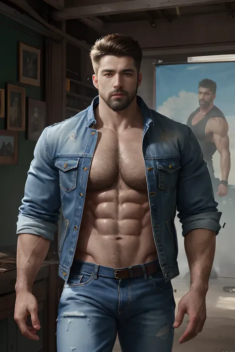 A character portrait [Soviet Union man, hairy body, alpha male, huge biceps, ripped abs, blue jeans, jacket, sneakers, homoerotic, rage boner, nsfw, sunny morning] 4k, high detailed, beautiful, dark age, art by Stanley artgerm, by Daniel f gerhartz, by pin...