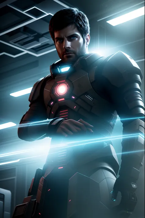 Sci Fi Horror Dead Space David Giuntoli on Ishimura Haunted Space Ship, electronic circuits hanging loose in backgrounddark red lighting, high contrast, shiny skin, backlighting, bloom, light sparkles, chromatic aberration, sharp focus, photography, natura...