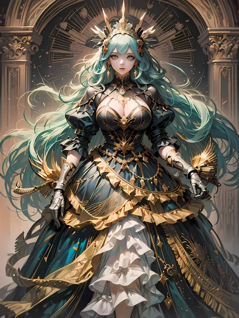 ((anime artstyle)),(Masterpiece),(Best Quality), (Super Detail),Illustration,((Very Delicate and Beautiful)),Focus on character,Dynamic Angle,Looking at viewer,((Solo)),standing,(((full body))),((one noble princess in gorgeous ball gown with voluminous ski...