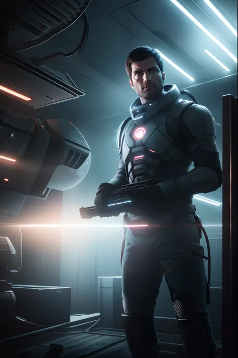 Sci Fi Horror Dead Space David Giuntoli on Ishimura Haunted Space Ship, electronic circuits hanging loose in backgrounddark red lighting, high contrast, shiny skin, backlighting, chromatic aberration, sharp focus, photography, natural light, photorealism, ...