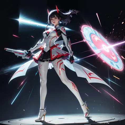 (full body:1.5)，(1girl:1.3),(looking at viewer:1.4)，(anatomy correct:1.3),(Wearing Printed Fantasy Ultraman suit and pointed high heels ，and Very thick Printed Lolita Pantyhose :1.35), (Light particle effect:1.3),(In pink | amarelo | blue colors| green col...