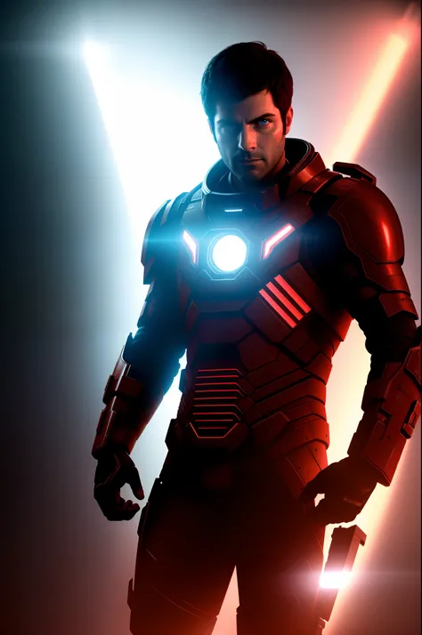 Sci Fi Horror Dead Space David Giuntoli on Ishimura Haunted Space Ship, electronic circuits hanging loose in background dark red lighting, high contrast, shiny skin, backlighting, chromatic aberration, sharp focus, photography, natural light, photorealism,...