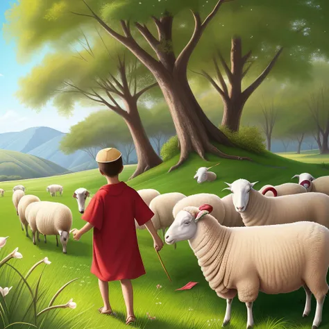 this image, Davi, a 6-year-old boy, radiated joy as he shepherded a group of white sheep in a lush pasture. His fiery red hair formed a crown of gleaming curls atop his head, and his brown eyes shone with childlike curiosity.  He wore a light brown tunic t...