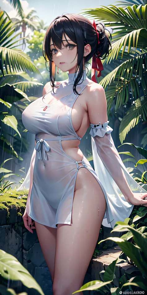 Calidad 3, Wet anime, hiper detalles, Vista de cuerpo completo, Wet anime 20-year-old white woman with randomly dyed hair Wet hair tied back with a red ribbon Her eyes are the same color as her wet hair, delgado, super close-fitting clothes: tapa blanca de...