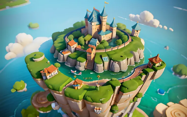 Closeup of an island with a castle on it, isometric island in the sky, 3 D rendering stylization, stylized concept art, isometric 3d fantasy island, floating and flying island, flying island, stylized 3d rendering, stylized game art 8k gemes.