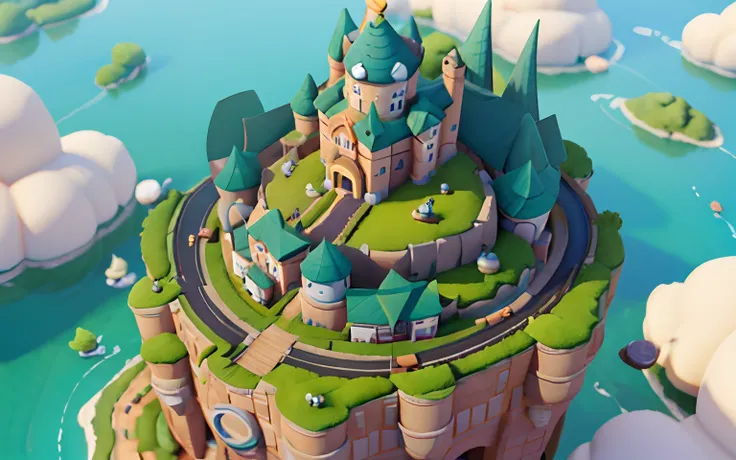 Closeup of an island with a castle on it, isometric island in the sky, 3 D rendering stylization, stylized concept art, isometric 3d fantasy island, floating and flying island, flying island, stylized 3d rendering, stylized game art 8k gemes.