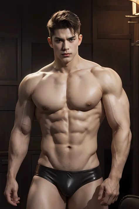 1 man, nakeness, Handsome, musculature, voluptuous figure, Very strong muscles, Best quality at best。leather panties, long slim figure, gentlesoftlighting, Angry, tachi-e, Cowboy shot, Masterpiece, Anatomically correct，extra very short hair