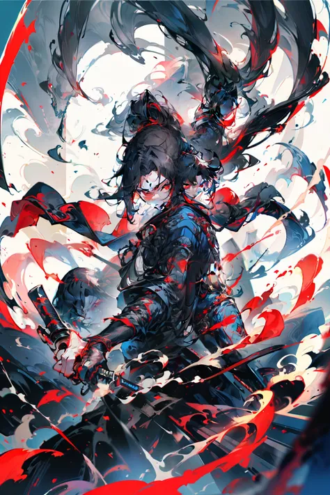 with long black hair，Red-eyed teenage boy，Stand on an empty street at night，extreme hight detail，Blue jacket，Black Hakama，Holding a giant blood-colored scythe in one hand