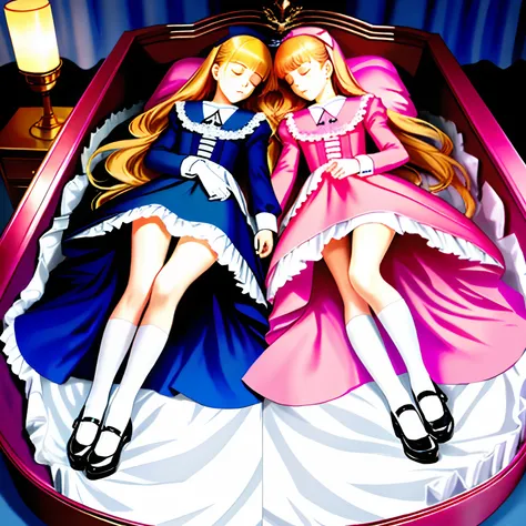 Beautiful twin sisters sleeping in a coffin，Evening wear，White cotton socks，The older sister wears Blue Mary Jane shoes，The younger sister wears pink Mary Jane shoes，Real Human，serene，florals，Royal Sister