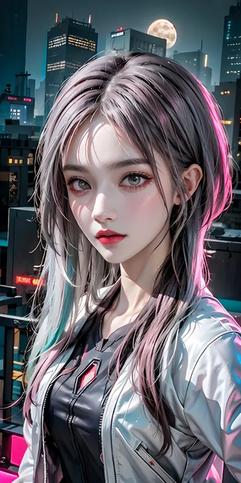 lucy (cyberpunk), 1girl,  hair scrunchie, hime cut, silver hair, colored tips, full moon, grey eyes, jacket, long sleeves, looking at viewer, medium hair, multicolored hair, parted bangs, parted lips, pink hair, portrait, red eyeliner, red lips, solo, whit...