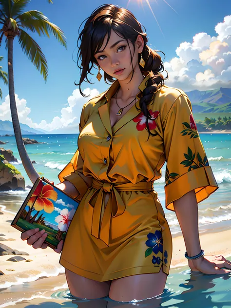 Hawaii Lahaina burning fire in the back, 1 girl painting from the water view, style by Jaime Frias, Best quality, realistic, award-winning illustration in color, (complicated detail: 1.2), (fine detail)